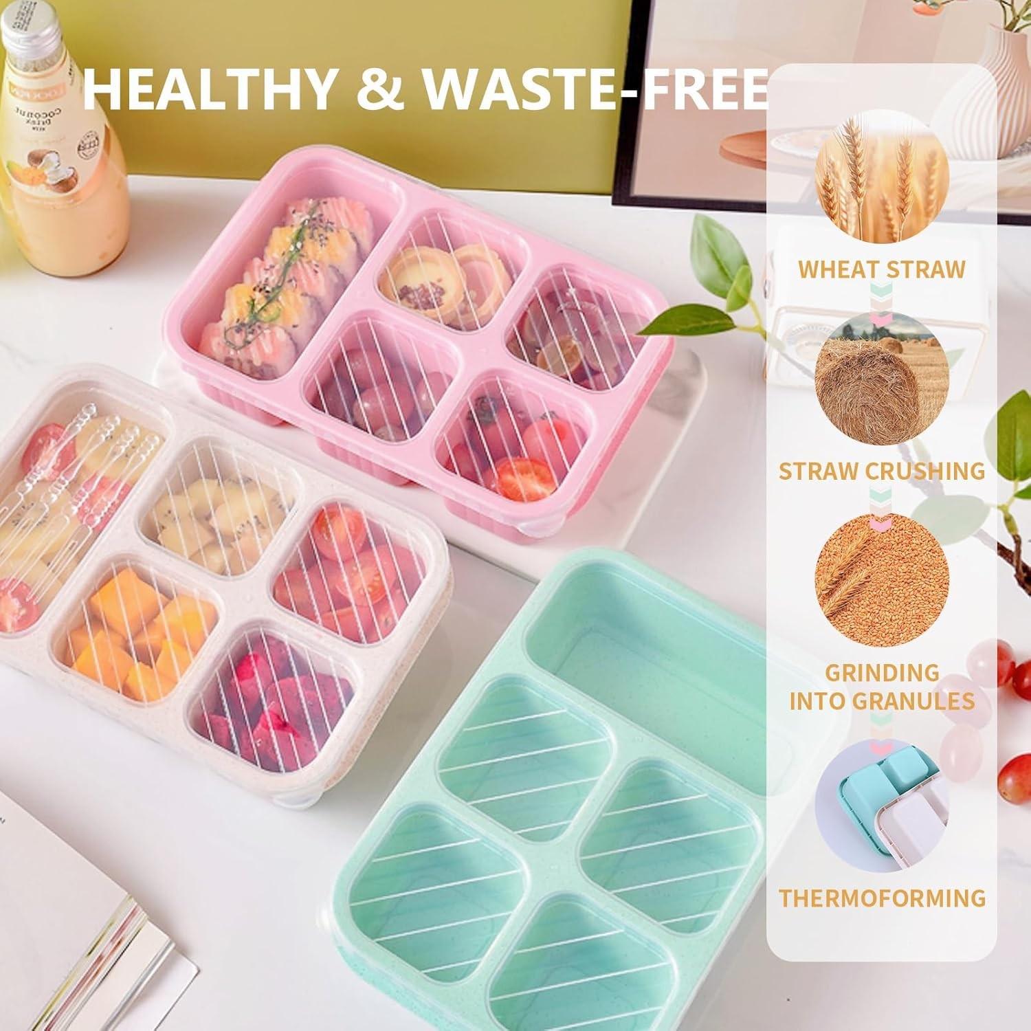 Wheat Straw Bento Snack Box Containers, 4-Pack 5-Compartment Meal Prep, Reusable Food Storage, Stackable, Ideal for Work & Travel, Lunch Boxes