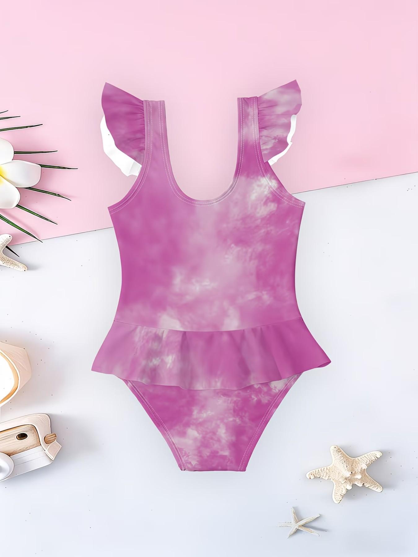 Fun 67 Print Girls' Jumpsuit Swimsuit, Cute Cartoon Print, Ruffle Quick-Dry Kids Swimwear, Fashion Swimsuit, Beach Party