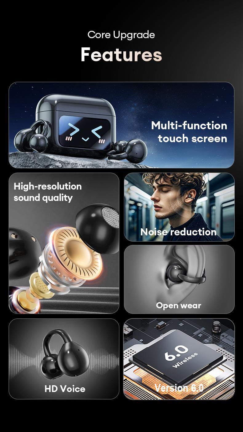 AOC ACD3521 Clip-On Ear Headphones with Support for 169-Language Translation, Audio-Visual Future Touch Screen, Bluetooth 6.0 Wireless Headphones for Music & Phone Calls, Sport Waterproof & Sweatproof