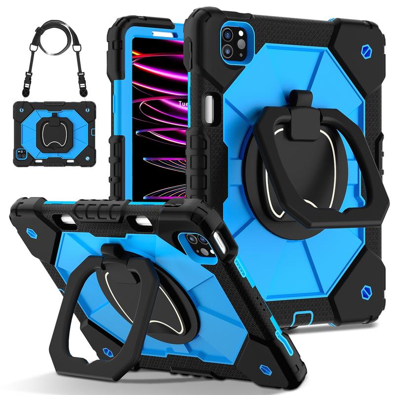 Military-Grade Shockproof Case for iPad (A16) 11th 2025 11" , Compatible with iPad Pro M5 2025 13-inch/ iPad Air / iPad Mini - Rotating Stand with Screen Protector, Pencil Holder & Shoulder Strap - Heavy Duty Drop-Proof Cover - Black+Blue Tablet Casing