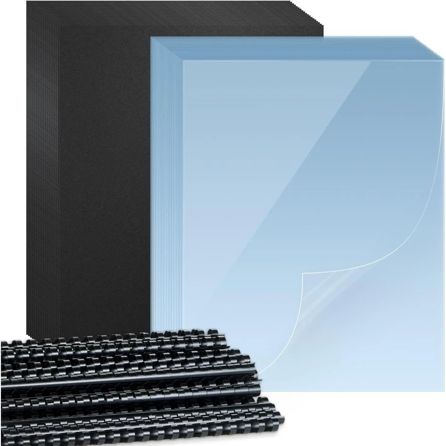 180 Pack Comb Binding Covers and Backs Set, 8.5x11 Inch, Letter Size 60 Pcs 3/8 Inch Black Binding Combs, 60 Pcs 10 Mil Clear Binding Covers, 60 Pcs 12Mil Black Plastic Sand Texture Polycovers