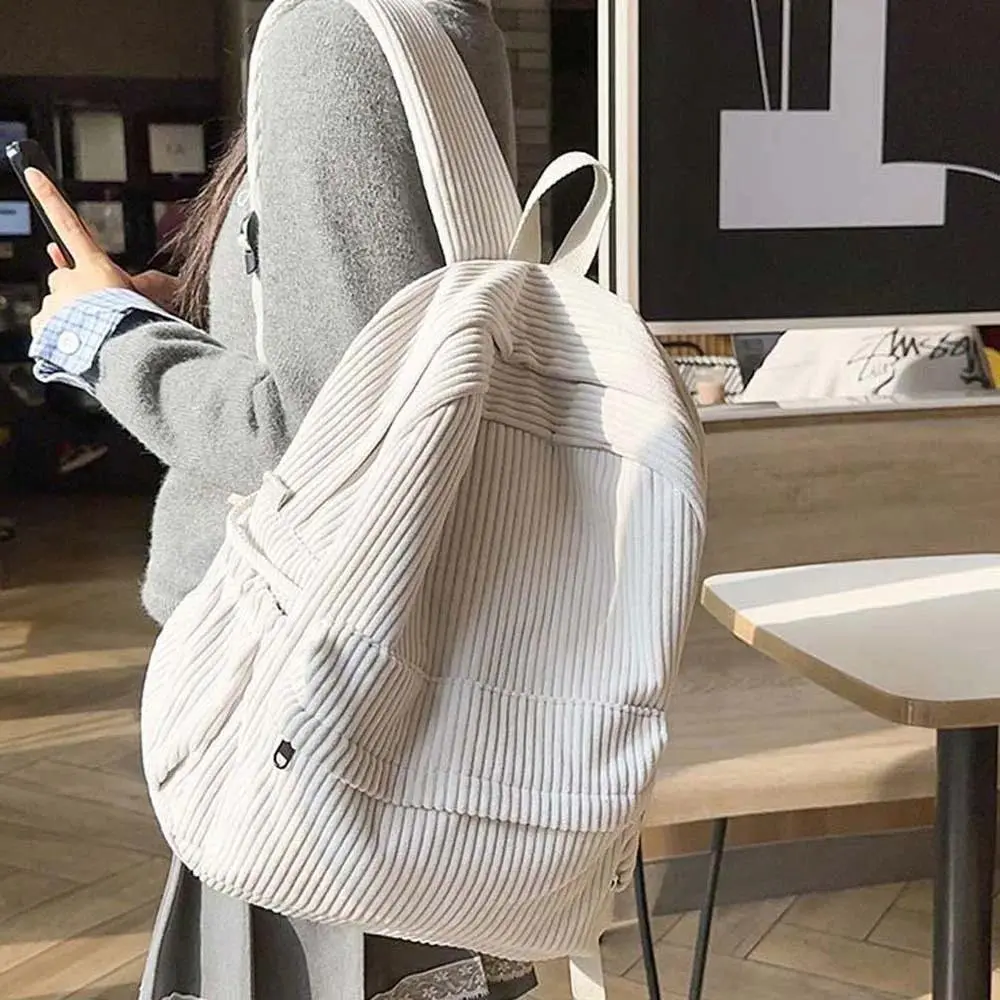 Lightweight Corduroy Backpack Japanese Style Portable Solid Color School Bag Large Capacity Adjustable Casual Students Daypack