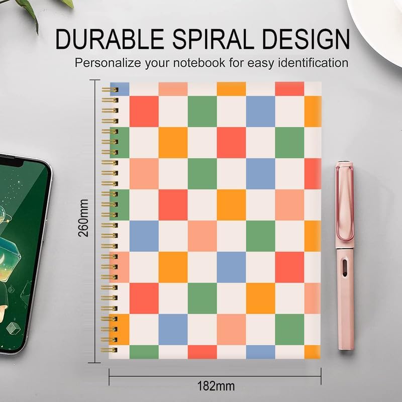 Spiral Journal Notebook for Women,A5 College Ruled Notebooks 6"x 8.4", 120 Pages (60 Sheets) Lined Journal with  Thick Paper, for School Office (Retro Colorful Checkered)