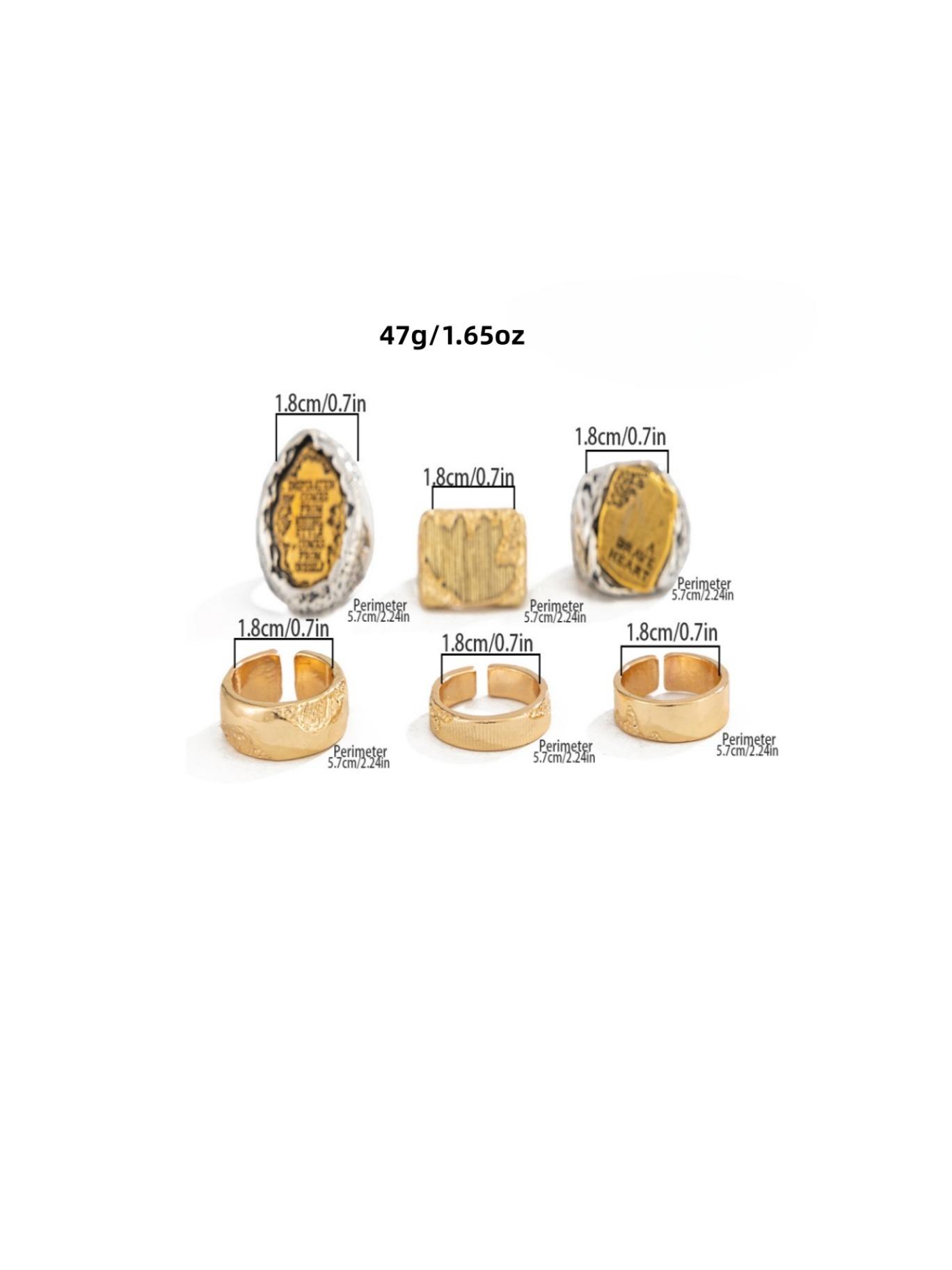 6 Pcs Bold Lava Texture Letter Rings, Streetwear Hip Hop Colorblock Metal Rings, Vintage Distressed Open Cuff Rings, Hip Hop Jewelry