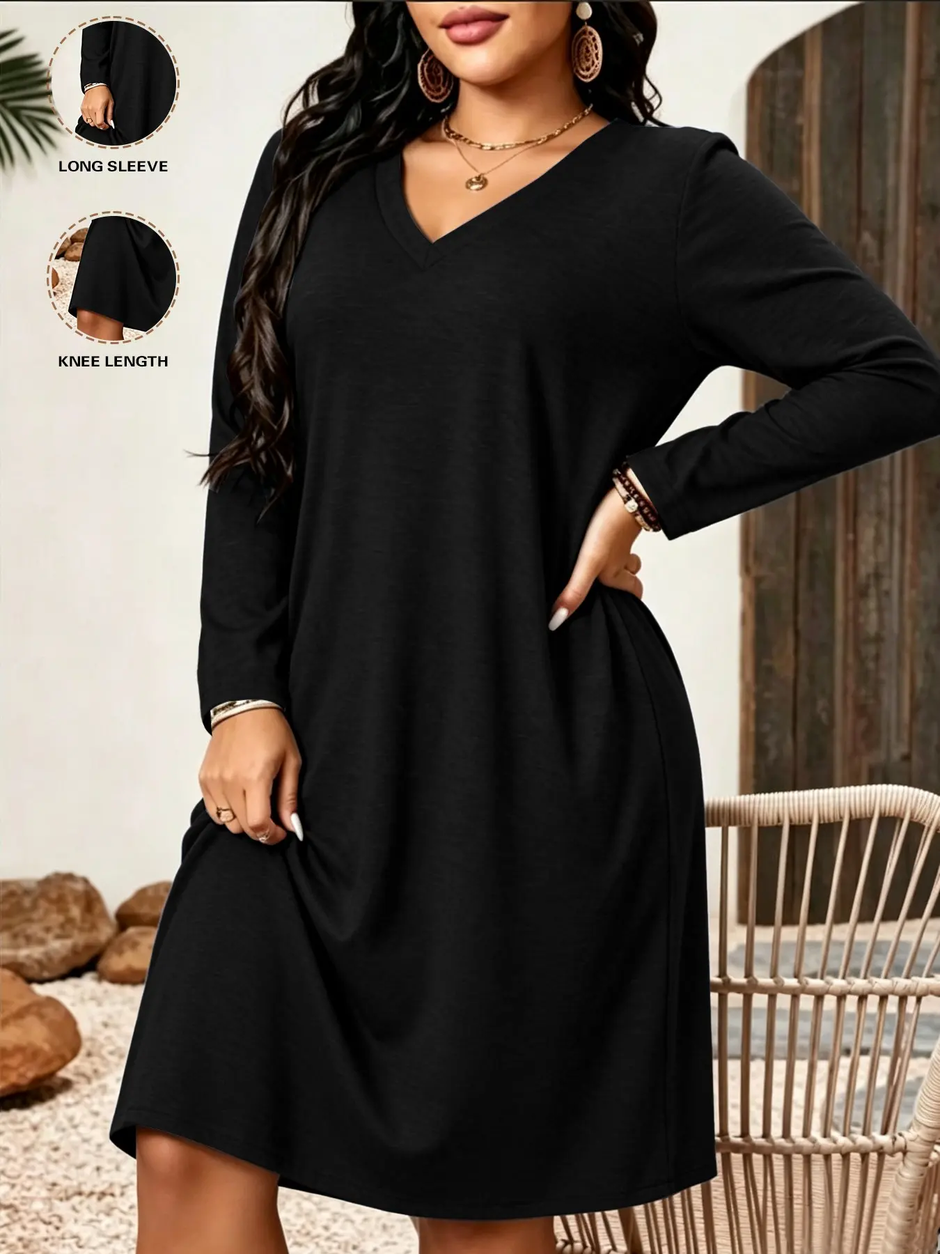 Plus Size Women's Slimming Solid Straight Dress, Deep V Long Sleeve, Casual Loose Fit, Striped Pattern, Daily Commute, Home Wear, Light Vacation Style