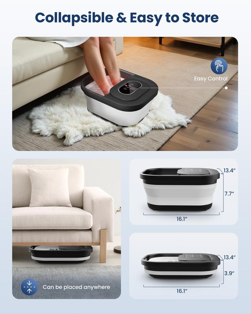 COMFIER Collapsible Foot Bath with Heat & Bubbles - Adjustable Spa System with Massage Rollers, Pumice Stone and LED Light, Portable Foot Care Basin for Home Use For Men and Women Bathroom Bathroom Accessory Black