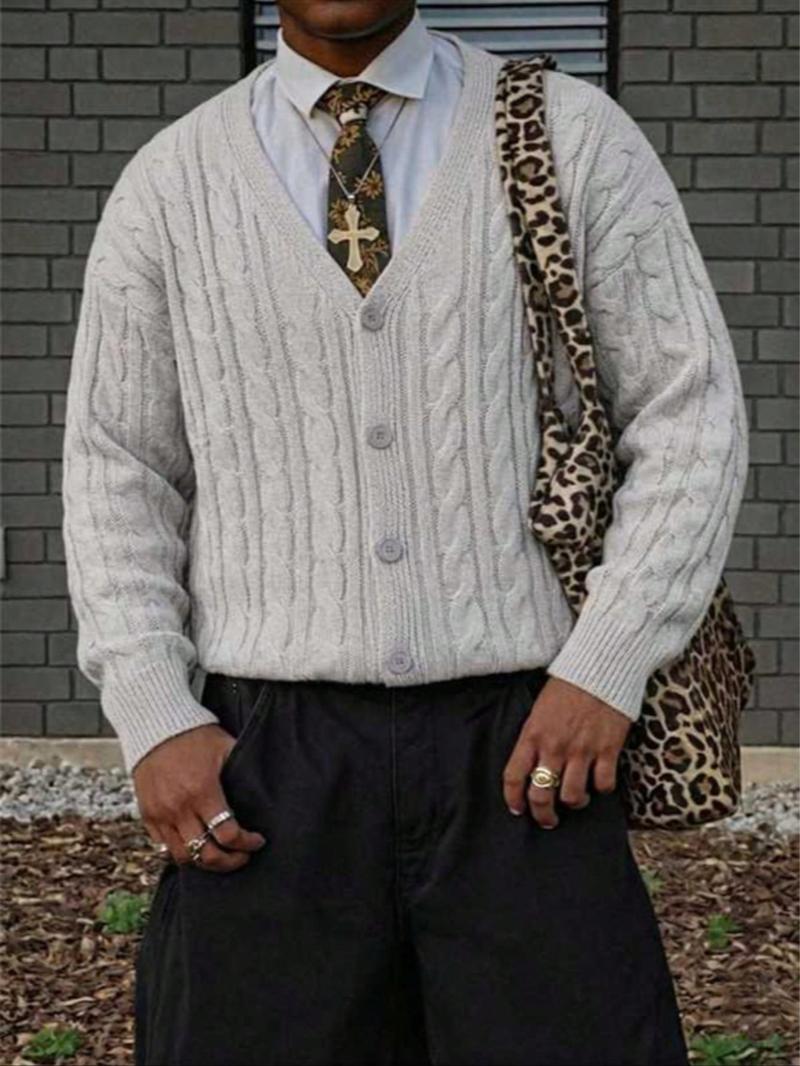 Men's V-Neck Long Sleeve Cardigan Sweater, Casual Loose Fit Knitwear for Spring & Fall, Street Style American Fashion