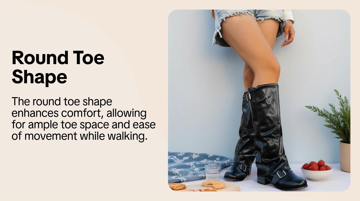 Women's Fashion Faux Leather Low Heel Boots, Casual Belted Knee High Boots, Round Toe Rubber Sole, Fall & Winter Style, Pull On Boots