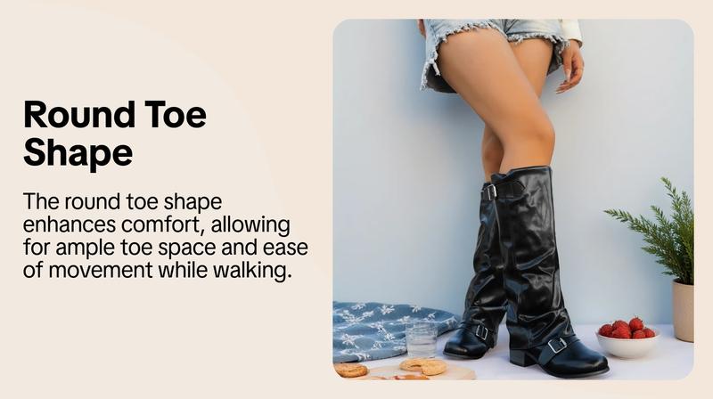 Women's Fashion Faux Leather Low Heel Boots, Casual Belted Knee High Boots, Round Toe Rubber Sole, Fall & Winter Style, Pull On Boots