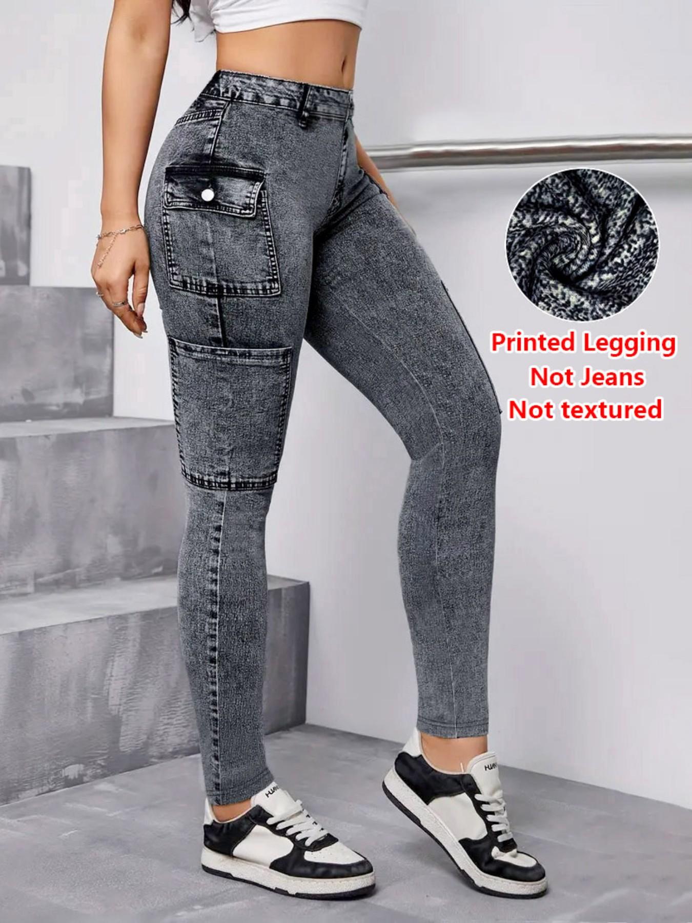 Women's Imitation Denim Skinny Pants, Denim Print Design Leggings, Stylish Comfortable Fit for Everyday Wear