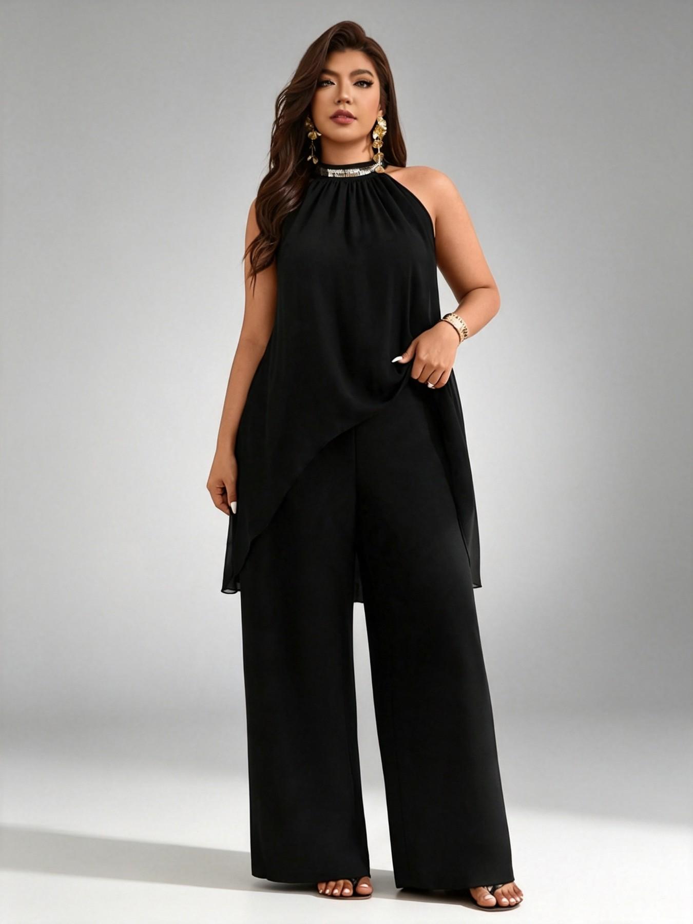 Luxury Party Style Aesthetic Plus Size Two-Piece Set, Ruched Halter Neck Sequin Top, Sleeveless Chiffon Blouse, Loose Fit Slimming Wide Leg Pants Set