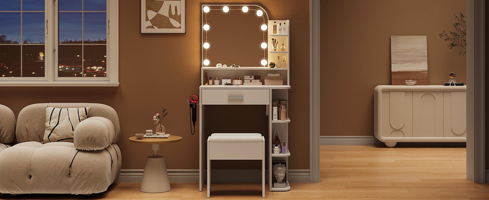 Small Makeup Vanity Desk with Mirror and Lights, 26.4" Small Vanity for Small Space with Stool and Charging Station, Compact Vanity with 3 Color Lighting Modes (White)