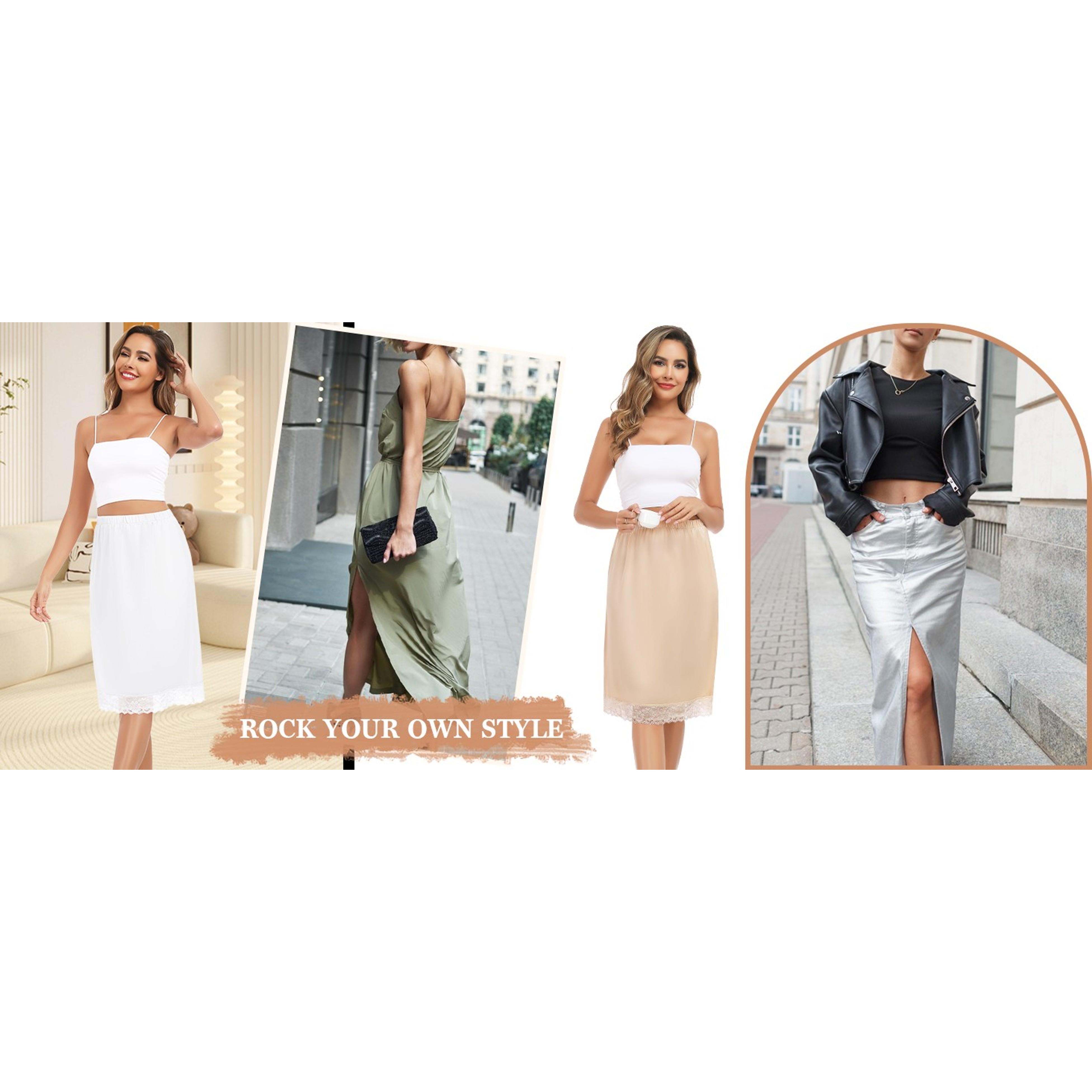 2 Pieces Half Slips for Women Long Underskirt Anti Static Satin Under Skirt with Lace Trim Slip for Skirts Dress S-3XL