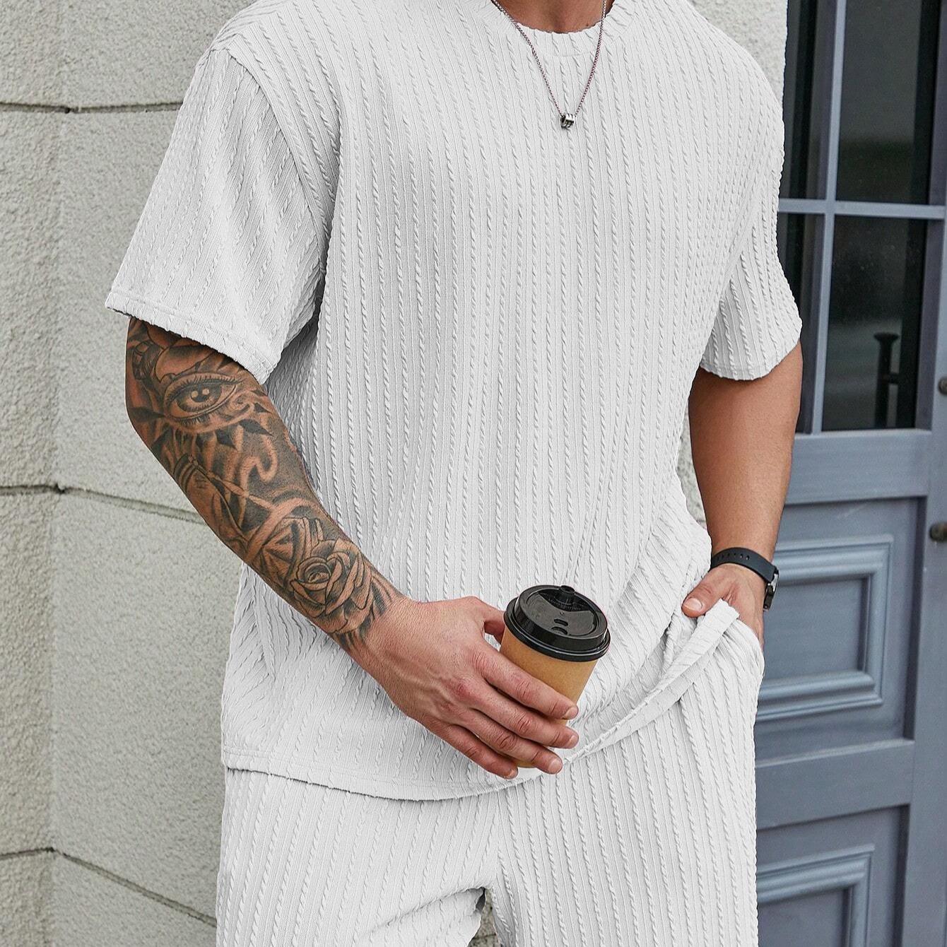 KZZ Men's Premium 2-Piece Plain Casual Shorts Set - Solid Textured Drop Shoulder Round Neck Tee & Drawstring Shorts, Relaxed Loose Fit, Machine Washable, Fashion Spring Summer Menswear, Christmas Gifts for Him