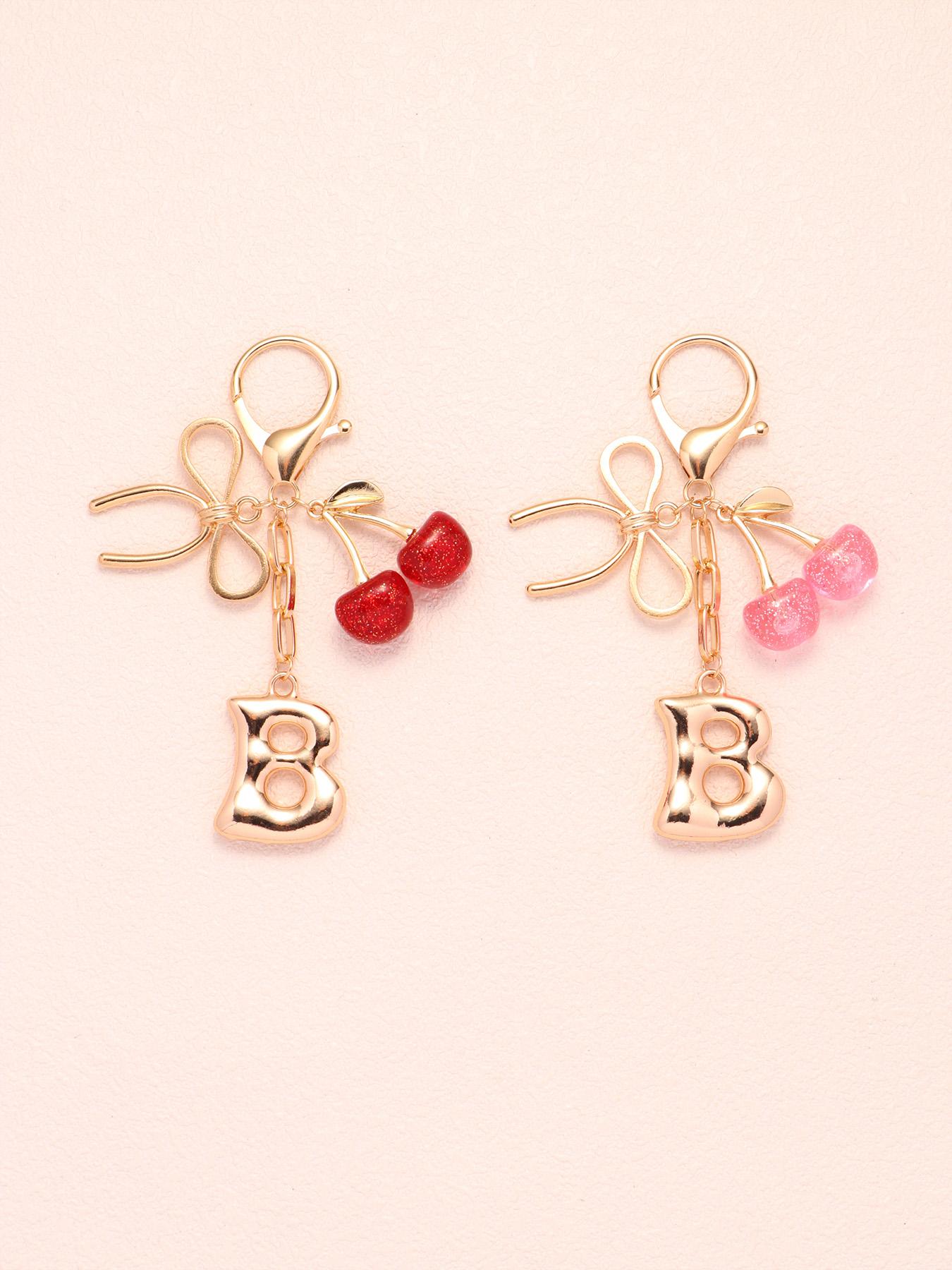 2pc Bubble Letter A-Z Keychains, Cute Initial Pendants, Metal Butterfly & Acrylic Cherry Decor, Personalized Bag Charms