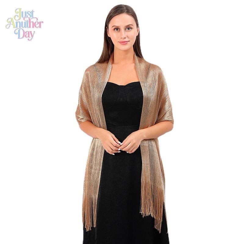 Shimmering Metallic Lurex Evening Shawl with Fringe, Elegant Gold/Silver Sparkly Wrap Stole for Brides, Wedding Guests, Prom & Formal Parties