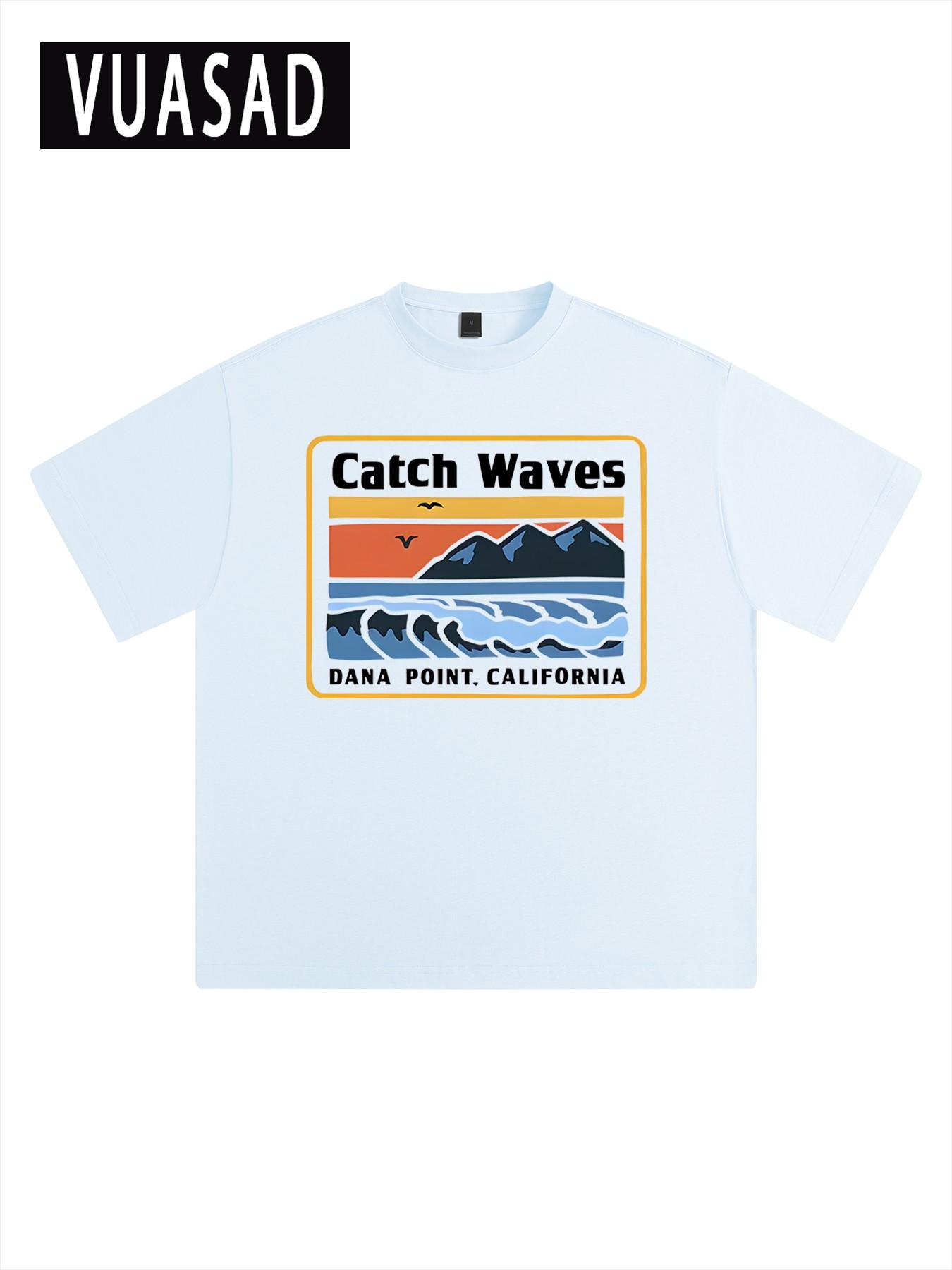 Men's Catch Waves Surfing Style Cotton T-Shirt, Loose Fit Short Sleeve Top, American Vintage Design, Long Clothing Length