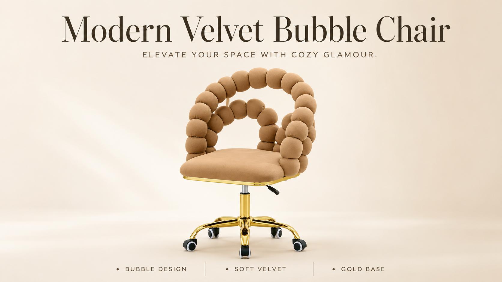 Velvet Bubble Back Criss Cross Swivel Chair with Wheels - Adjustable Ergonomic Chair, Gold Base, Gold Accent Glam for Makeup Room, Bedroom Vanity Desk