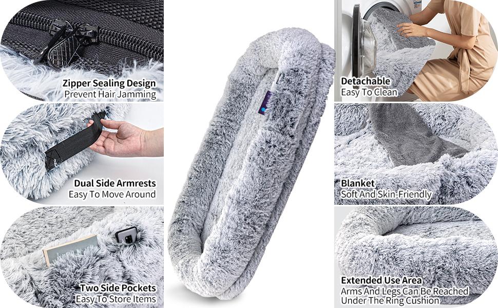 Human Dog Bed, Fits You & Pets, Washable Faux Fur, Orthopedic, Plump Pillow, Blanket, Strap