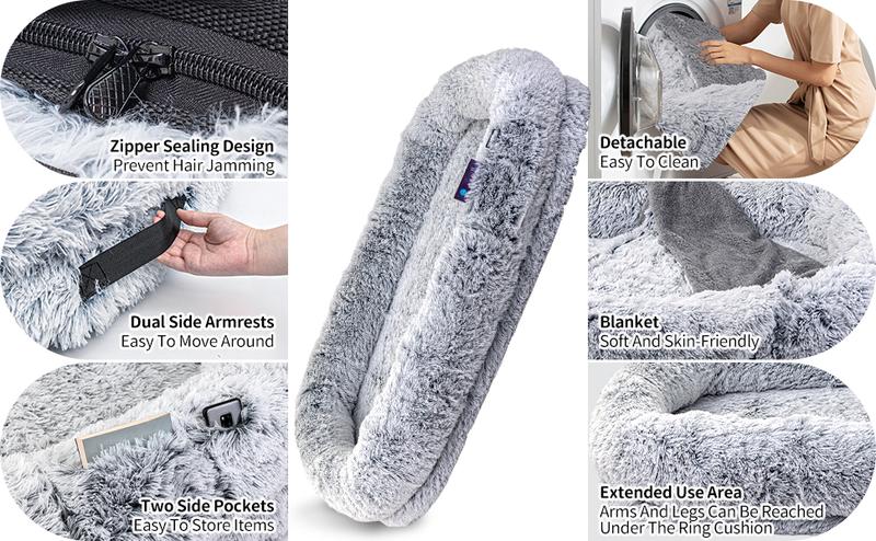 Human Dog Bed, Fits You & Pets, Washable Faux Fur, Orthopedic, Plump Pillow, Blanket, Strap