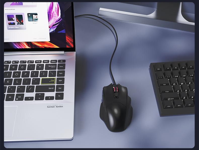 NJ05 wired office mouse with light sound buttons and finger drag design AJAZZ ergonomic office supplies mouse DPI3600 optical engine chip 125Hz 3D rubber roller lightweight 91g suitable for gaming and office use