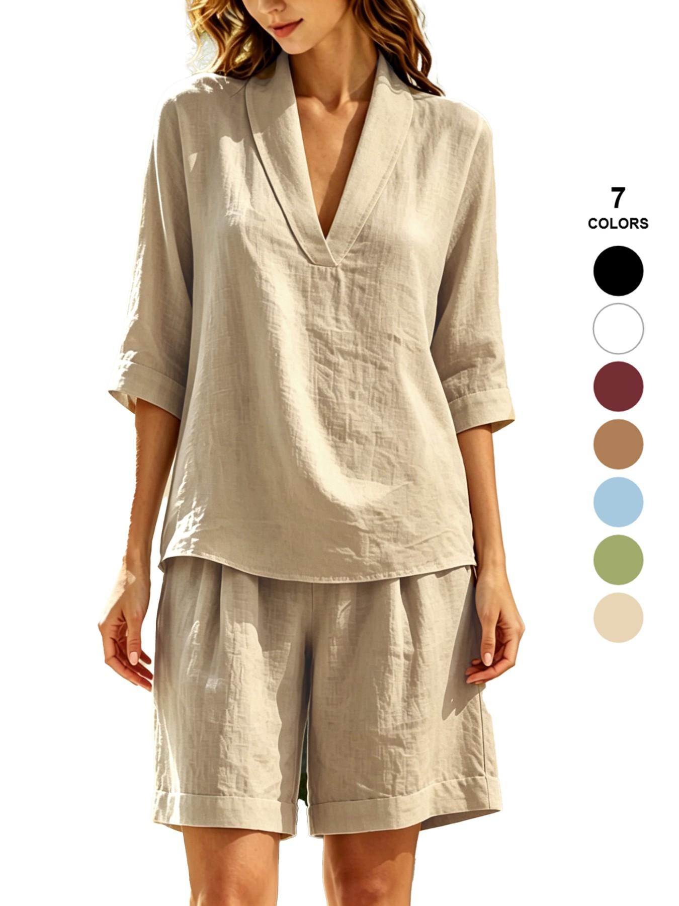 Spring Summer Women's Two-Piece Set, Sexy V-Neck Baggy Short Sleeve T-Shirt Top, Wide Leg Shorts, Beach and Vacation Casual Fashion Loungewear Clothes