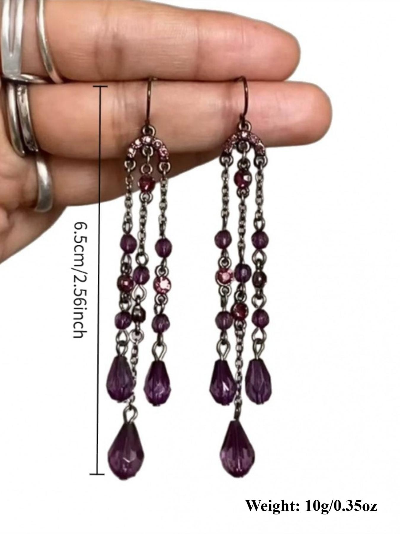1 Pair of Bohemian-Style Long Earrings with Mysterious Purple Beads and Fringe – Women's Earrings with A Retro, Elegant, and Sophisticated Look, Perfect for Parties and Vacations