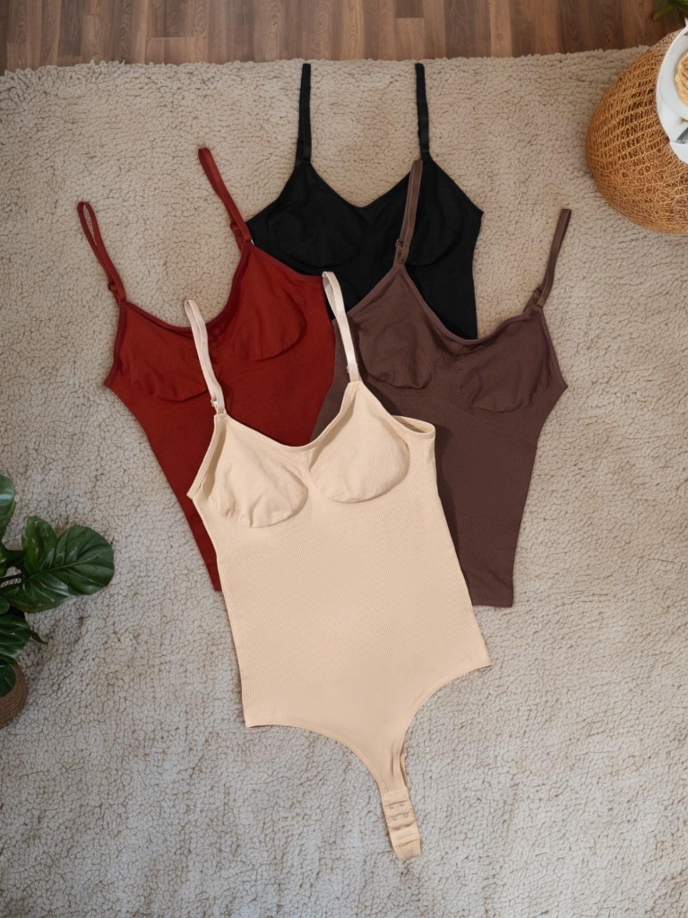 4-Piece Women's Ribbed V-Neck Bodysuit with (Sizes S-XXL) – Adjustable Thin Straps & Multi-Row Back Closure – Black/Wine Red/Brown/Apricot/Green/Blue/Pink – Suitable for Daily Wear, Commute & Layering