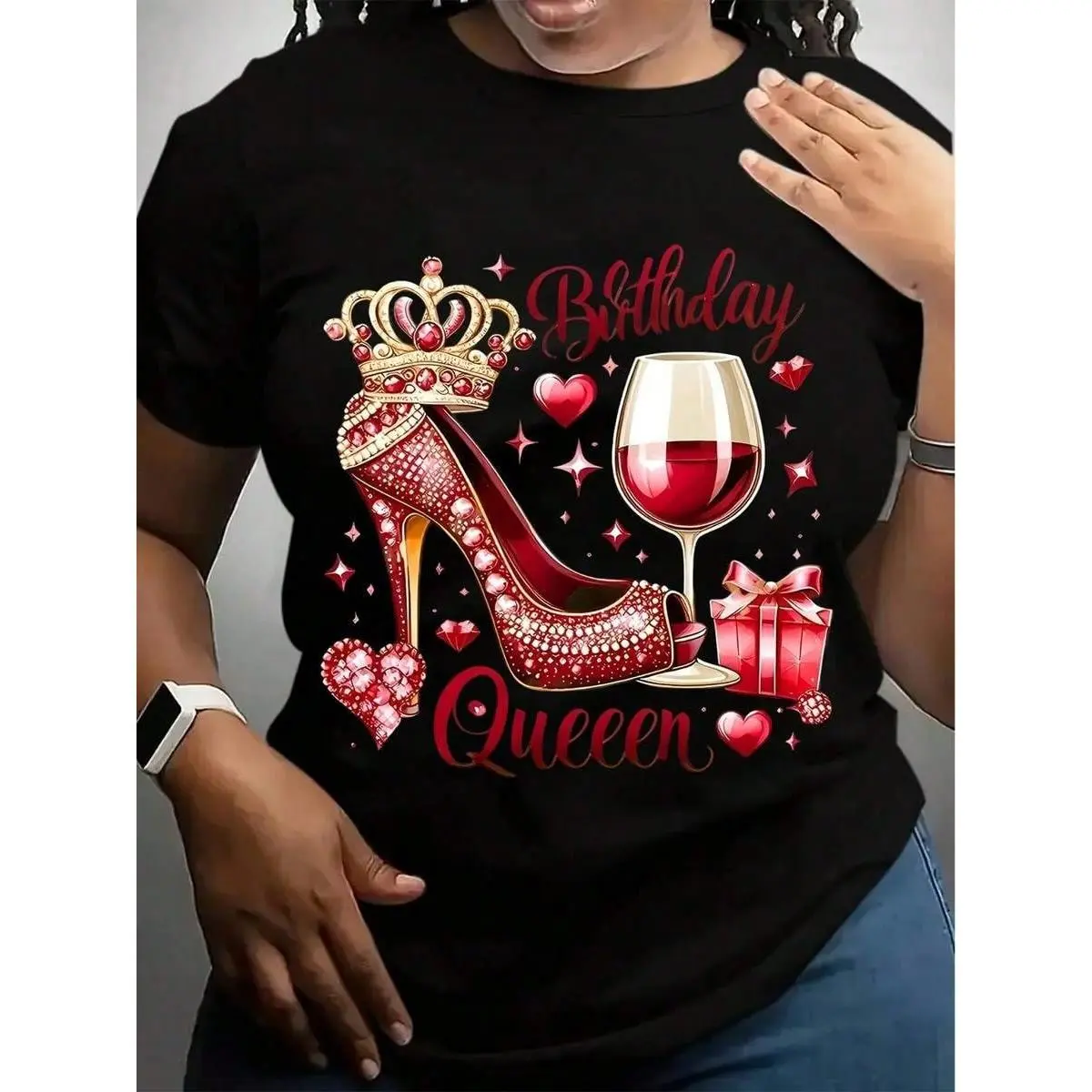 OVERSIZE Women's Birthday Queen Graphic T-Shirt - Crew Neck Tee With Sparkling Red High Heel, Crown & Wine Glass Design, Casual Short Sleeve Top For