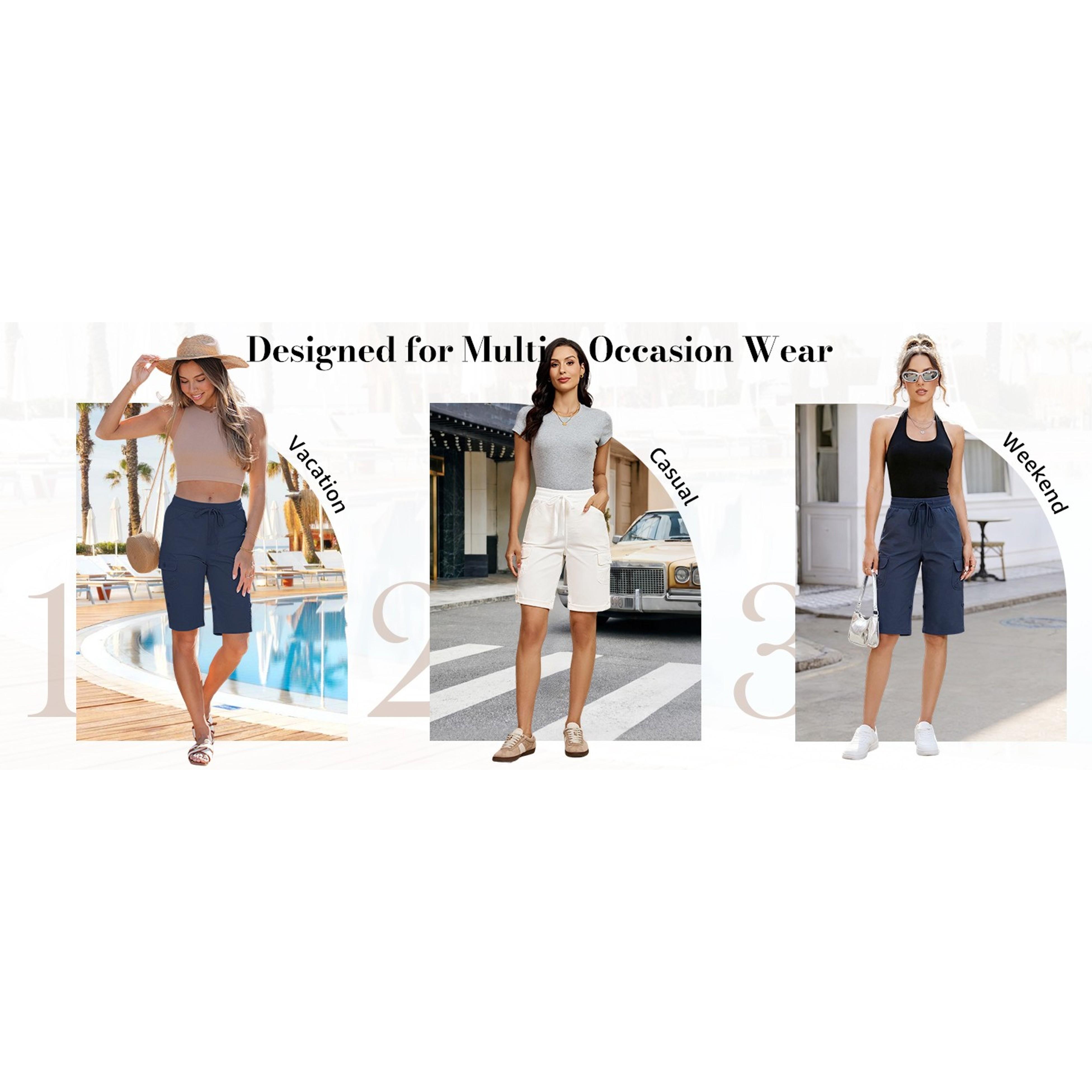 Ladies' Cotton Bermuda Shorts - High-Rise, Knee-Length, Pull-On Elastic Waist with Drawstring, Fold Hem, Casual Summer Chino Cargo Bottoms That Fits Daily Wear, Blouse, Pockets, Simple, Tank Top