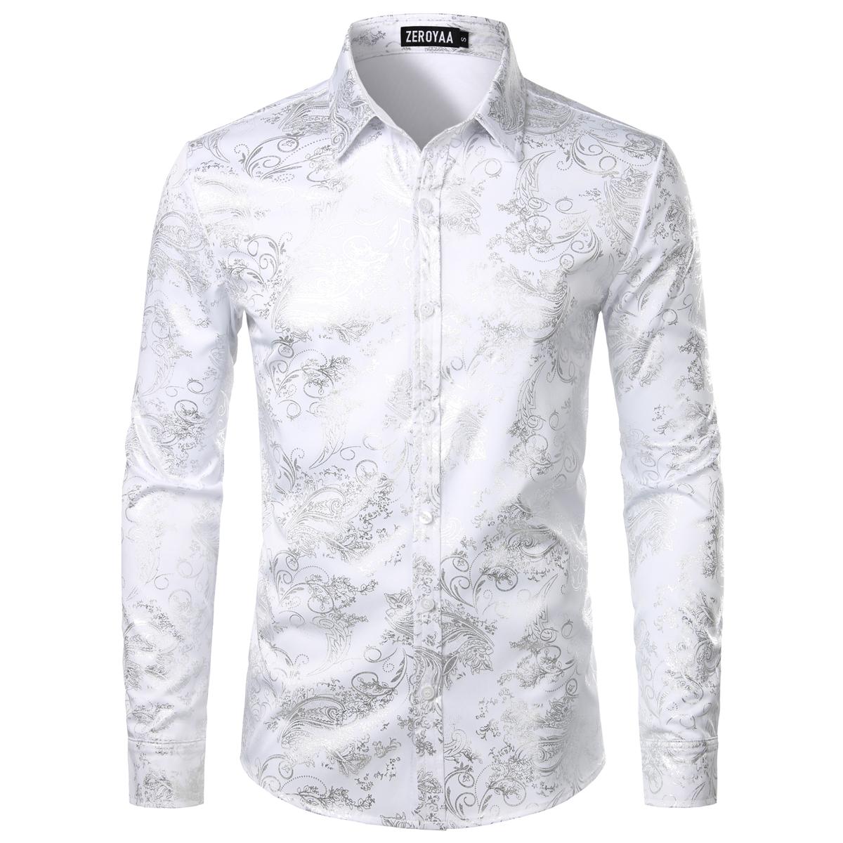 ZEROYAA Men's Luxury Paisley Dress Shirt Shiny Floral Printed Button Down Shirts for Party Prom Casual Elegant Father's Day Gift for Boyfriend Dad Gifts Black People Menswear Fabric Long Sleeve Top Vneck