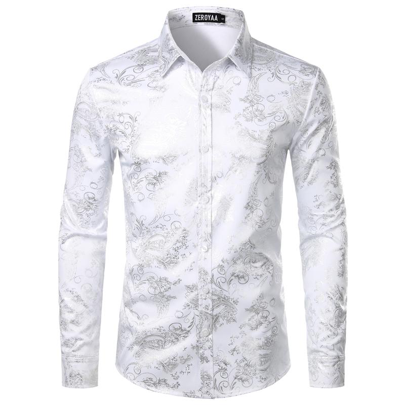 ZEROYAA Men's Luxury Paisley Dress Shirt Shiny Floral Printed Button Down Shirts for Party Prom Casual Elegant Father's Day Gift for Boyfriend Dad Gifts Black People Menswear Fabric Long Sleeve Top Vneck