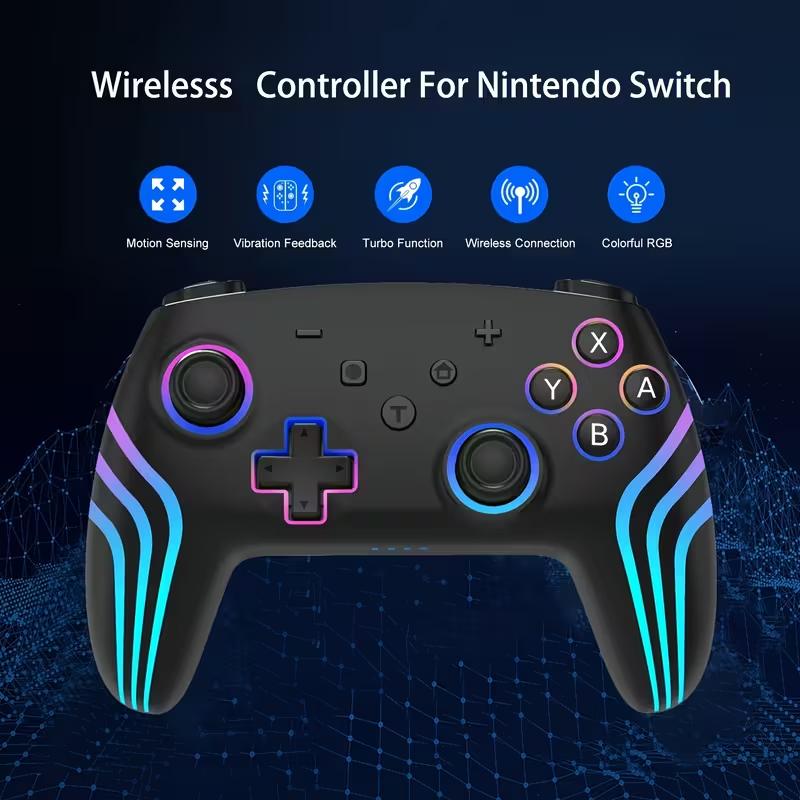 Wireless switch controller with motion sensing, 6-axis gyroscope, turbo function, RGB lighting, and wireless connectivity