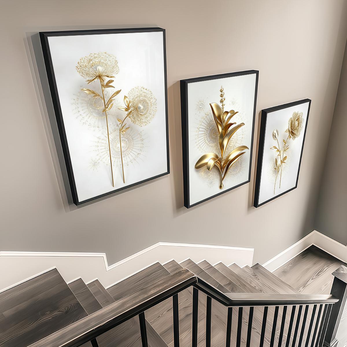 3 Counts Aluminum Alloy Framed Painting, Golden Abstract Flowers Artwork, Home Decoration For Living Room, Bedroom, Office, Restaurant, Hallway Wall Decor, Odorless Print Artwork, Luxury Perfect Gift For Friends And Family