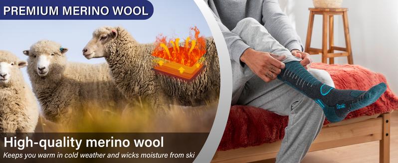 Merino Wool Ski Socks Mens Womens 2 Pairs for Skiing, Snowboarding, Thermal Knee High Winter Warm Sports Performance Socks Breathable Comfortable