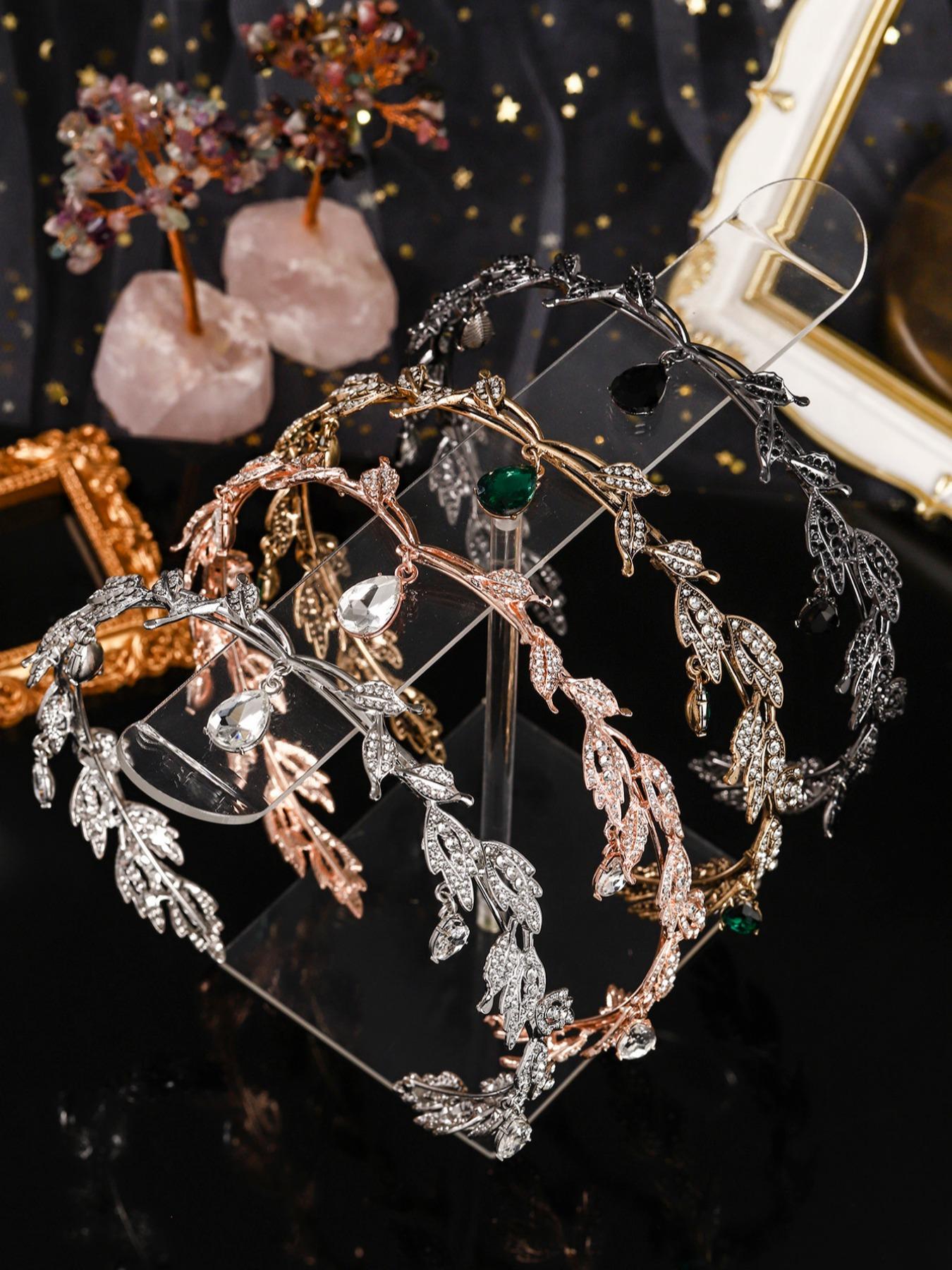 Vintage Creative Alloy Rhinestone Leaf Water Drop Pendant Headpiece Crown, Adjustable Bridal Party Accessory, Holiday Gift