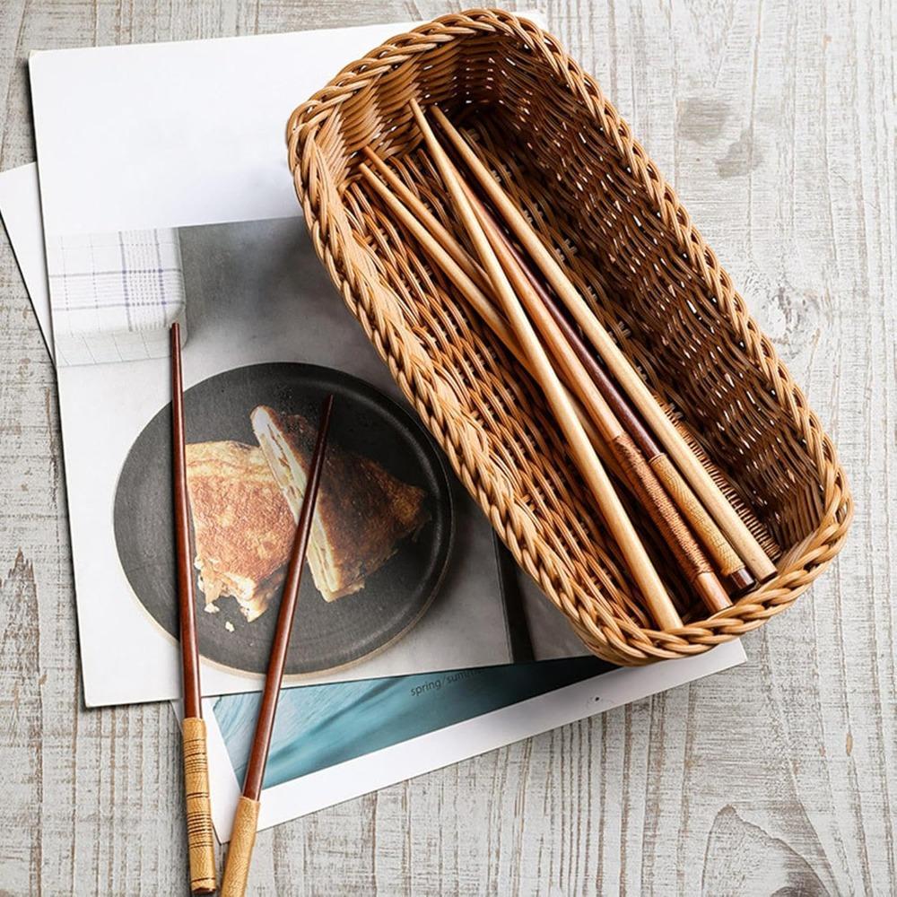 3PCS Chopsticks Fork Storage Tray Woven Cutlery Basket, Handwoven Imitation Rattan Silverware Tray for Countertops Cabinets Spoons