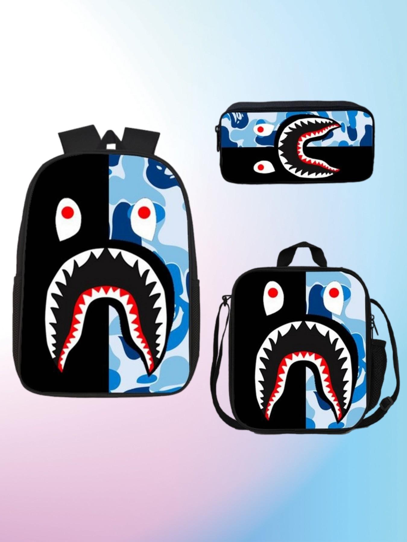 Shark Mouth Three-Piece Backpack Set, Camouflage Student Shoulder Bag Set, Large Capacity School Backpack for Boys and Girls