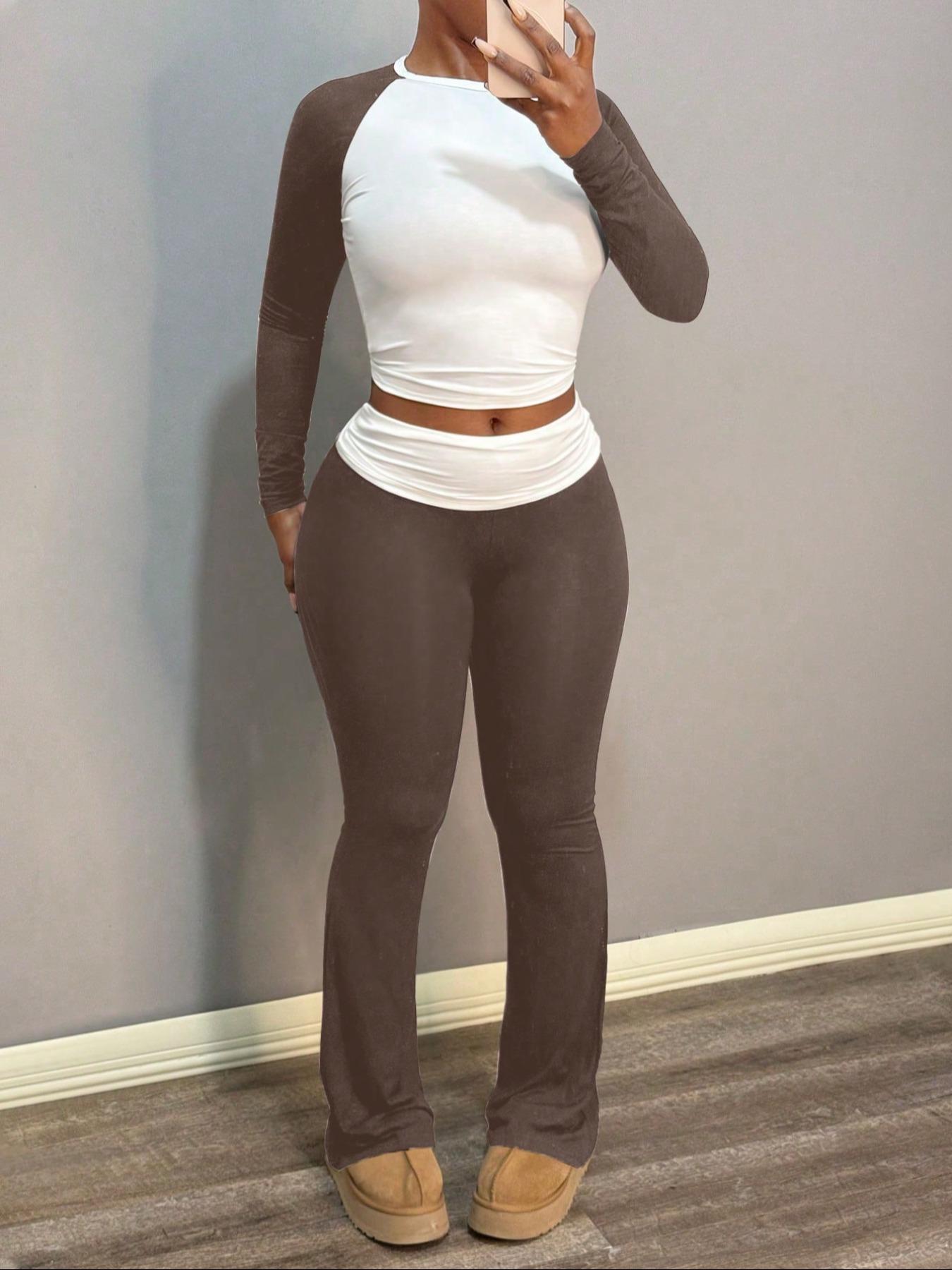 European and American Women's Casual Knit Round Neck Long Sleeve Color Block Patchwork T-Shirt with Ruffled Flared Pants Set, Perfect for Spring and Fall Wear, Fit