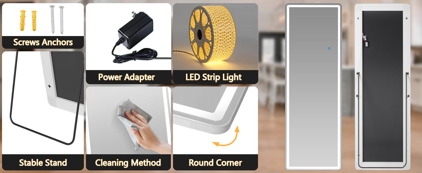 71"x26"Full Length LED Floor Mirror with Stand, Dimmable Lights & Touch Control, Wall Mount or Leaning Design, Aluminum Frame for Bedroom, Black