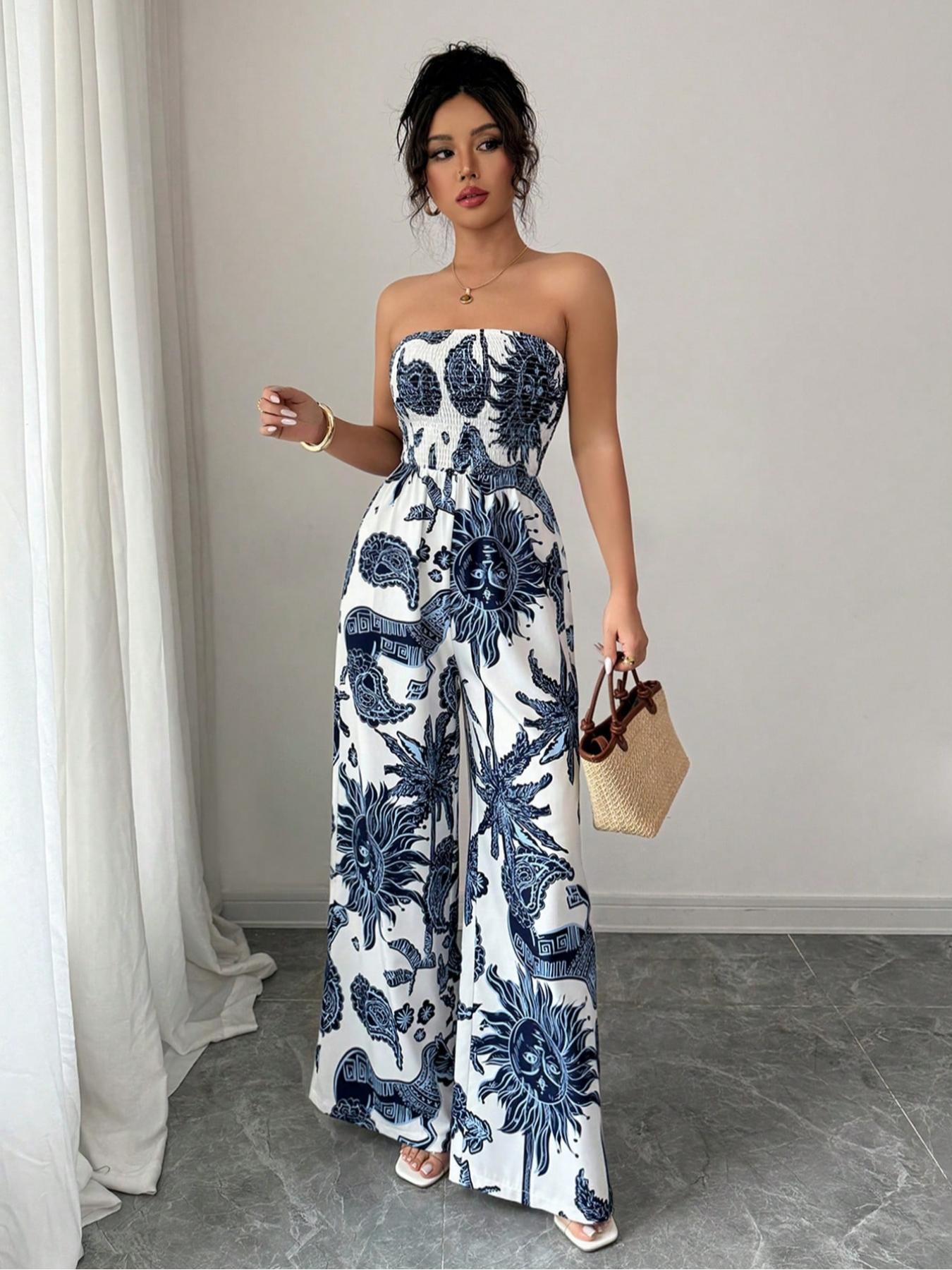 Elegant Women's Strapless Woven Print Romper, Waist-Cinch Wide-Leg Design, Perfect for Vacation & Daily Wear, Stylish One-Piece