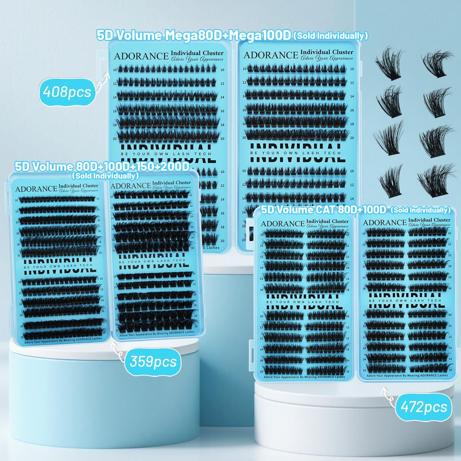 ADORANCE Lash Clusters Mixed Length, 408/359/472 PCS D Curl Volume Individual Lashes, Fluffy Wispy Cluster Eyelash Extensions for DIY Application