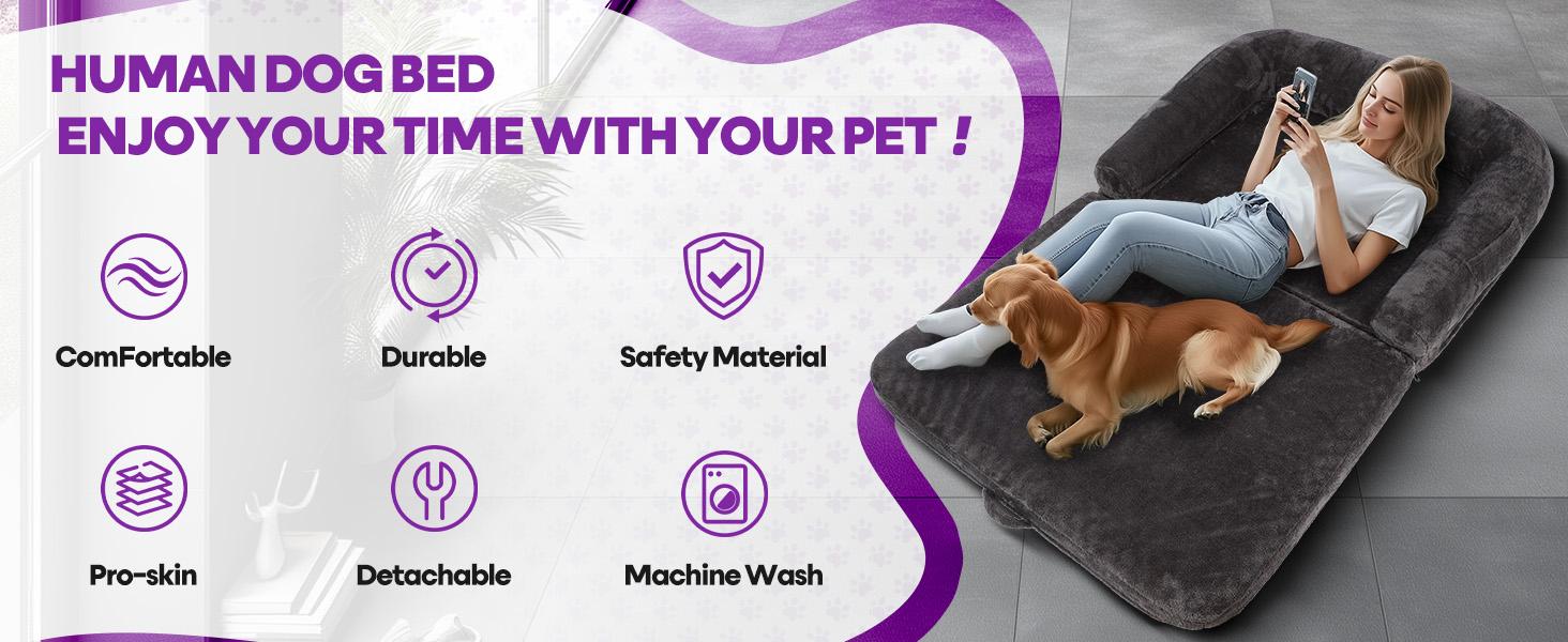 Foldable Human Dog Bed,Orthopedic Memory Foam Human Sized Dog Bed,Human and Dog Massage Chair Massage Bed,2 in 1 Calming Human Size with Egg Foam Supportive Mat and Waterproof Liner,Storage Pocket (75”x45”x10”) Portable Pad