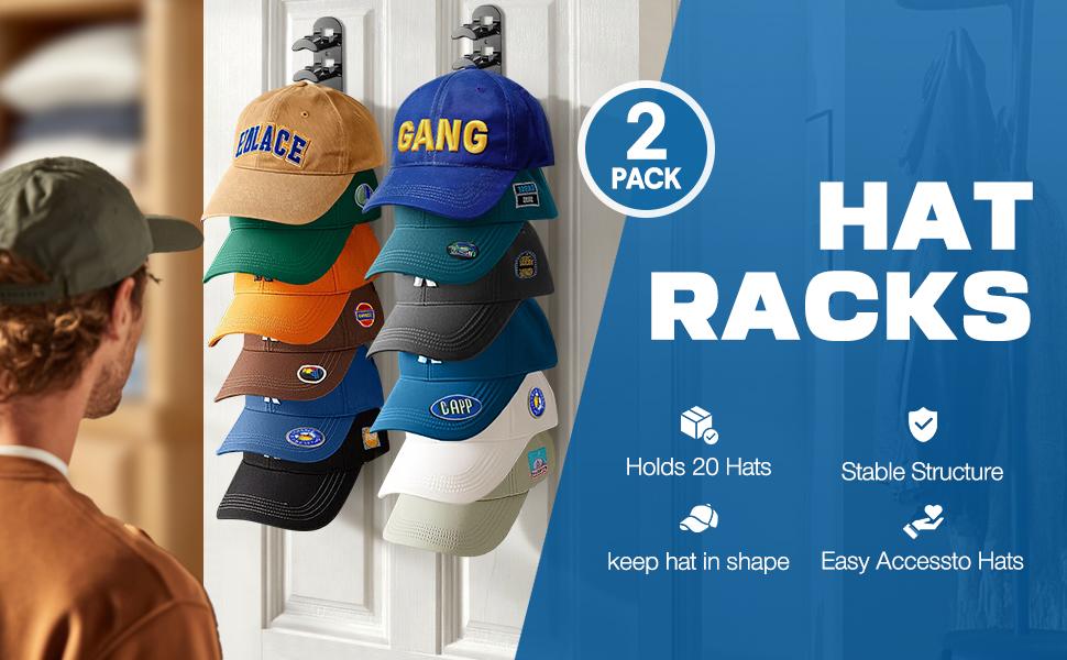 2 Pack Hat Organizer for Baseball Caps, Hat Rack for Wall Hold Up to 20 Hats, Hat Holder with and Screws, Hat Organizer Wall Mounted Hat Hanger Display for Door Closet Bedroom(B-White)
