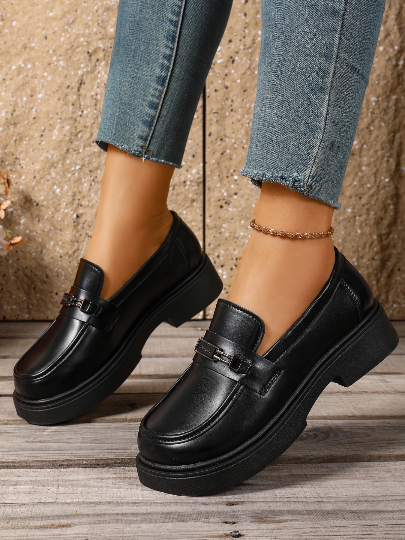 New Spring Fall Thick Sole Loafers Women, British Style Metal Buckle Platform Shoes, Height Boost Slim Fit Slip-On, Versatile Office Jk Uniform Shoes, Retro College Style