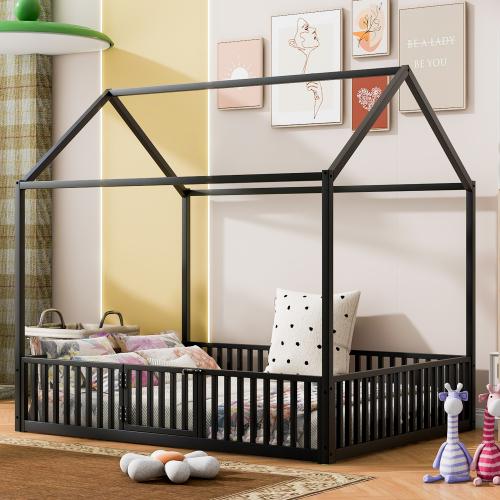 [Bellemave]Twin/Full  Size Metal House Bed with Fence and Door, Black