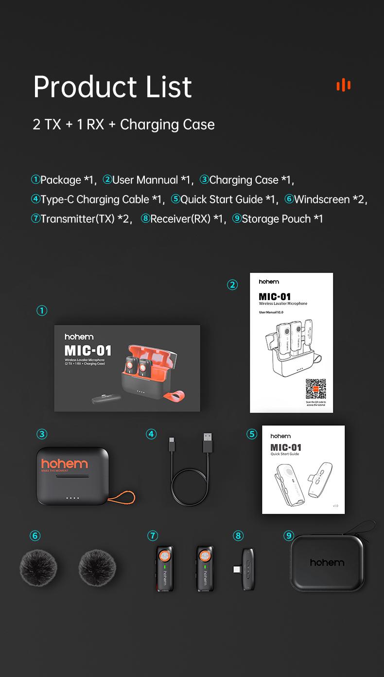 hohem MIC-01 Wireless Lavalier Microphone, DSP Noise Cancellation, 20-Hours Battery, Wireless Mircophone for Android, PC, Camera, Interview, Vlogs (2 TX + 1 RX + Charging Case),Perfect with hohem iSteady M6/ MT2/ Mobile+/Android/ Iphone 17 series