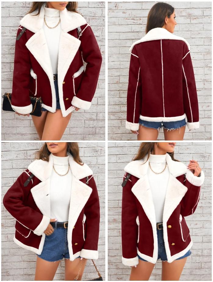 BIGWIG Lapel Plush Jacket Winter Warm Casual Outwear Women's Clothing Long Sleeve Suede Faux Sherpa Fur Lined Coats Basic Minimalist Pink Color