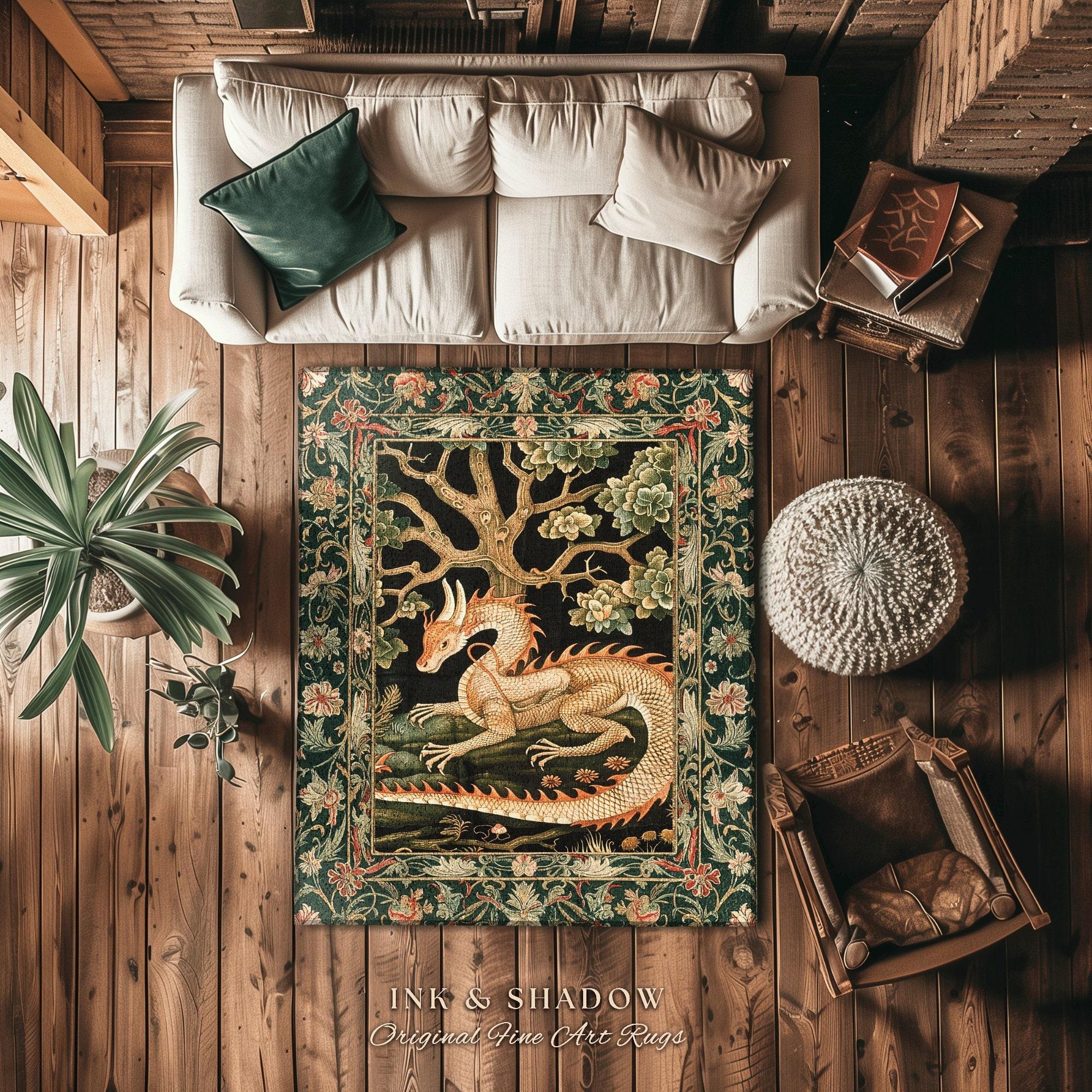 Vintage Medieval Dragon Floral Tapestry Flannel Area Rug - Gothic Mythical Creature Print Soft Mat for Living Room, Non-Slip Cottagecore Home Decor#MedievalDragonRug #FloralTapestryMat #GothicMythDecor #CottagecoreCarpet #NonSlipFlannelRug