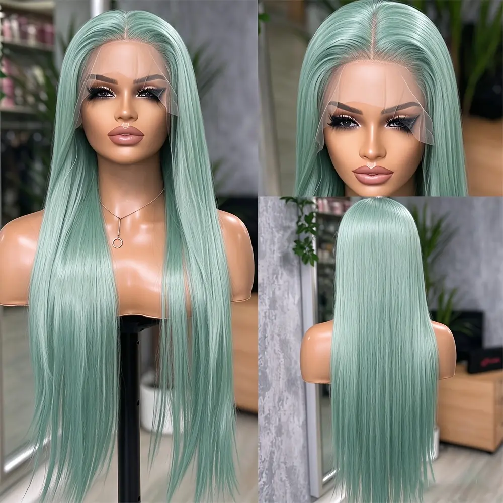 Mint Green Lace Front Wigs Pre-Plucked Glueless Wigs 180% Density HD Lace Front Wigs 13X4 Free Part Colored Lace Front Wigs For Women Heat Resistant Lace Wig Long Silk Straight Daily Use Wig 26 Inches